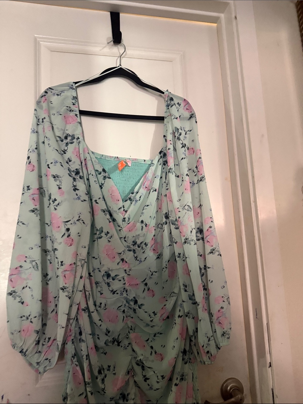 Mint Floral Long Sleeve Ruched Dress with Pink Roses